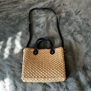 Talbots Woven straw Cream Crossbody Bag with genuine leather Navy Straps